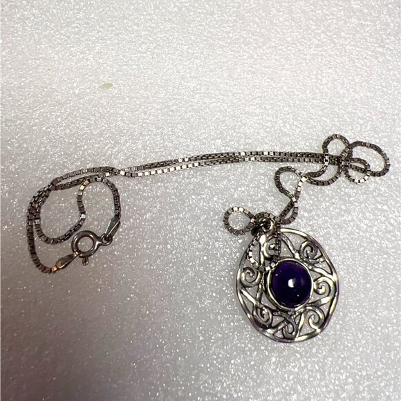 Didac Israel Silver Filigree Pendant Amethyst Cabochon 18” Italian Box Chain Vtg - Picture 13 of 14